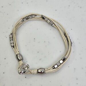 Fossil Leather‎ Cord Bracelet White Silver Tone Beaded Multi Strand Boho